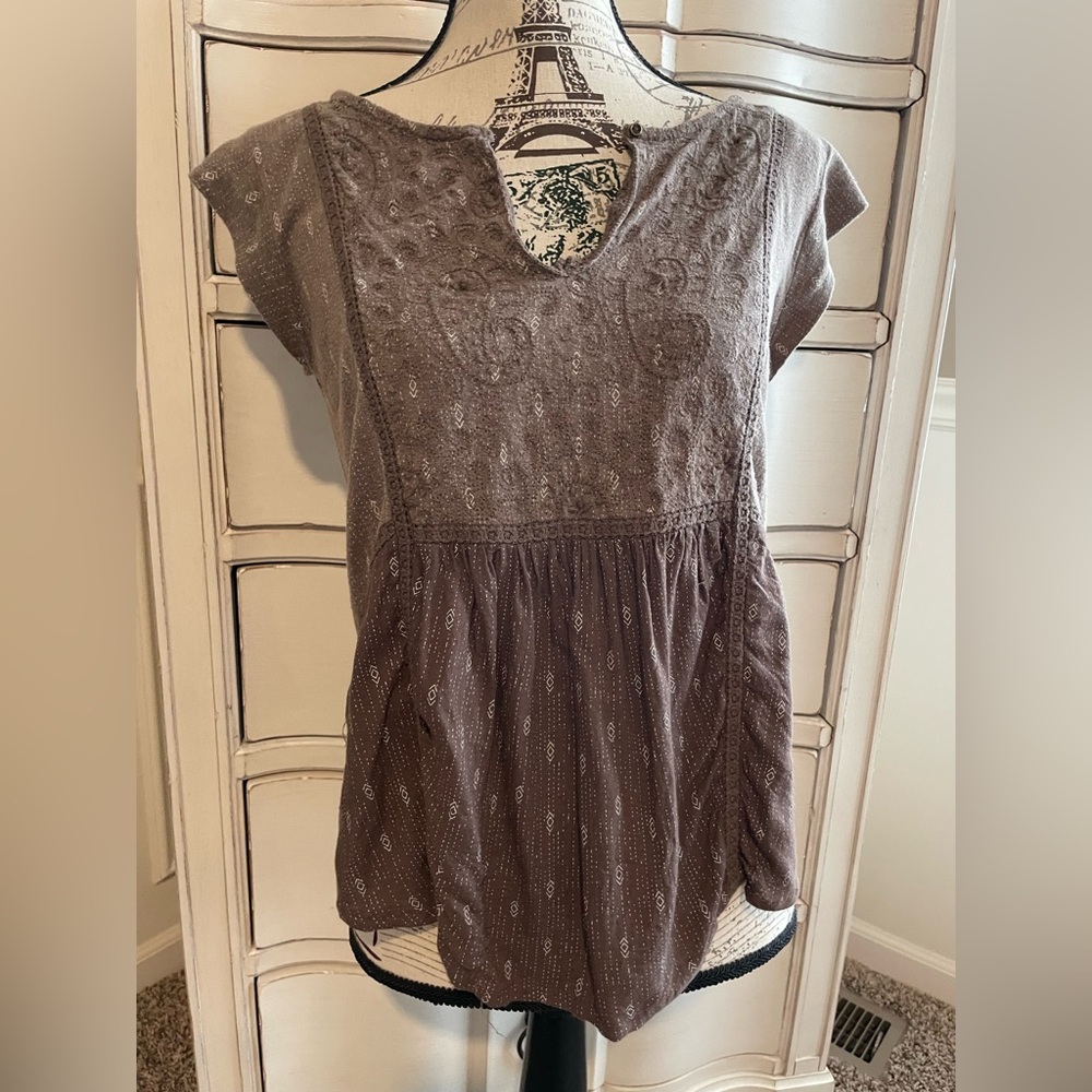 Lucky Brand Brown Embroidered Blouse